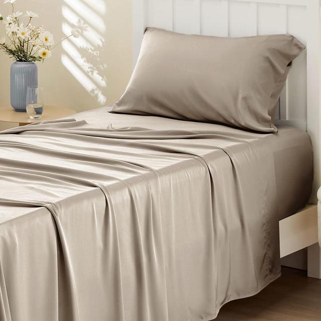 Bedsure Twin Sheets Set, Cooling Sheets, Rayon Derived from Bamboo, Twin Sheets for Boys and Girls, Breathable & Soft Bed Sheets, Hotel Luxury Silky Bedding Sheets & Pillowcases, Simply Taupe