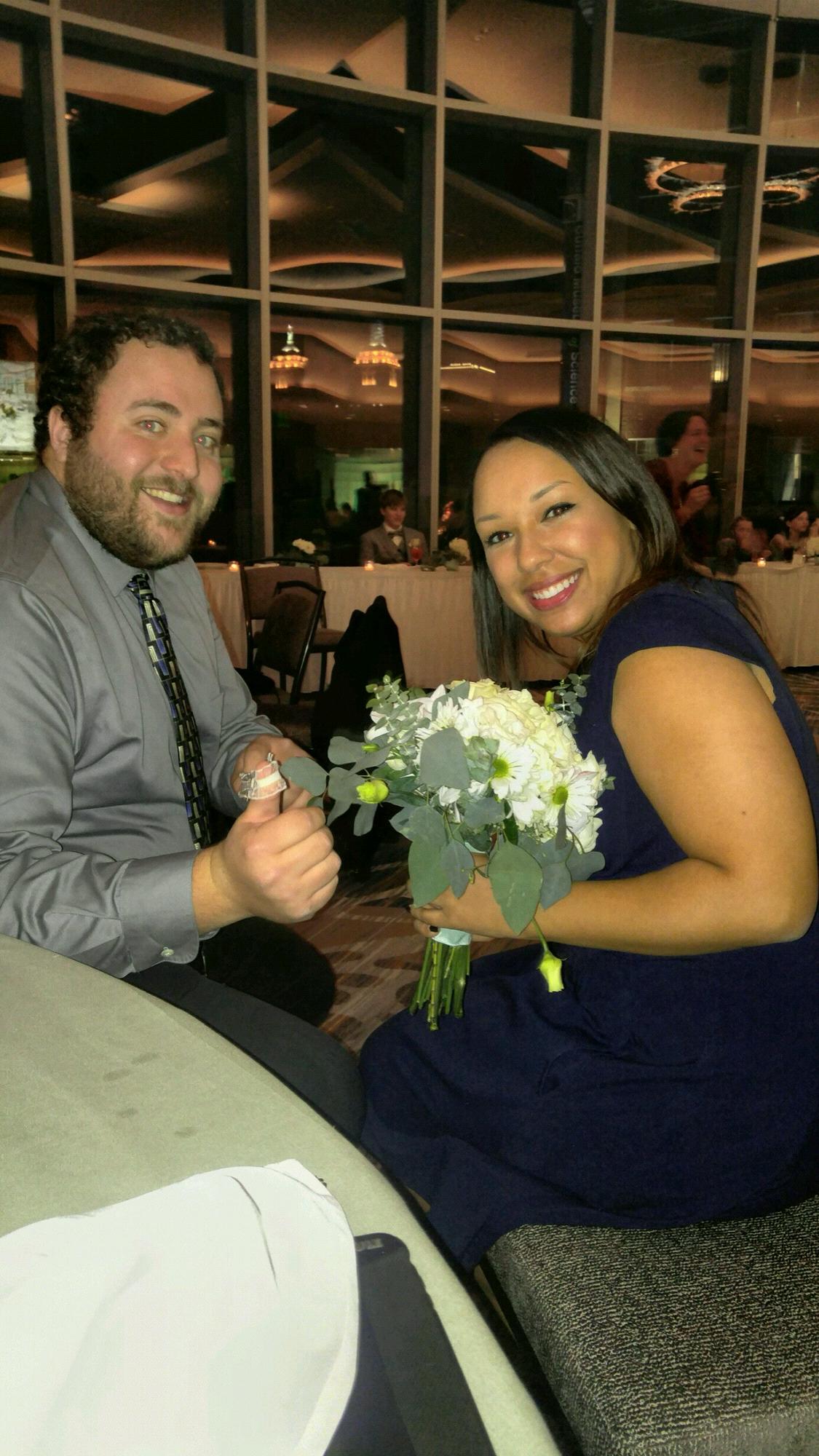 He caught the garter and I caught the bouquet at Michelle Coppola’s wedding!