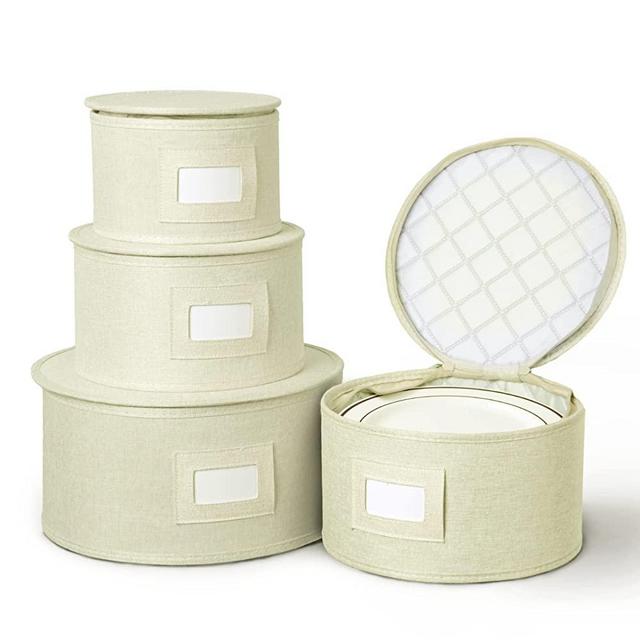 storageLAB China Storage Set, Hard Shell and Stackable, for Dinnerware Storage and Transport, Protects Dishes Cups and Mugs, Felt Plate Dividers Included (Cream, 4 Piece Quilted Set for Plates)