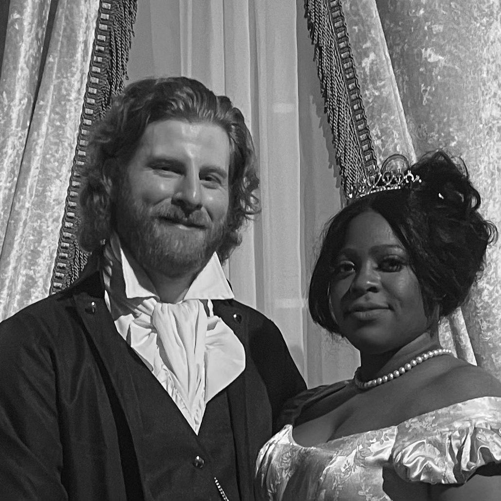 We have a love of period pieces and  this is us dressed up in the regency era clothing at the Bridgerton Ball