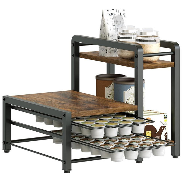 YATINEY Coffee Pod Drawer Holder, Holder for K Cup, Coffee Pod Organizer with 2-Tier Sliding Storage Drawer and Countertop, 56 Pods Capacity, Rustic Brown and Black KH01BR