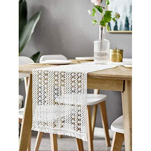 BOXAN 11" x 72" White Macrame Table Runner, Woven Crochet Lace Boho Wedding Fringe Table Runner with Tassels for Bohemian Rustic Wedding Bridal Shower Farmhouse Home Dining Table Linen Decorative