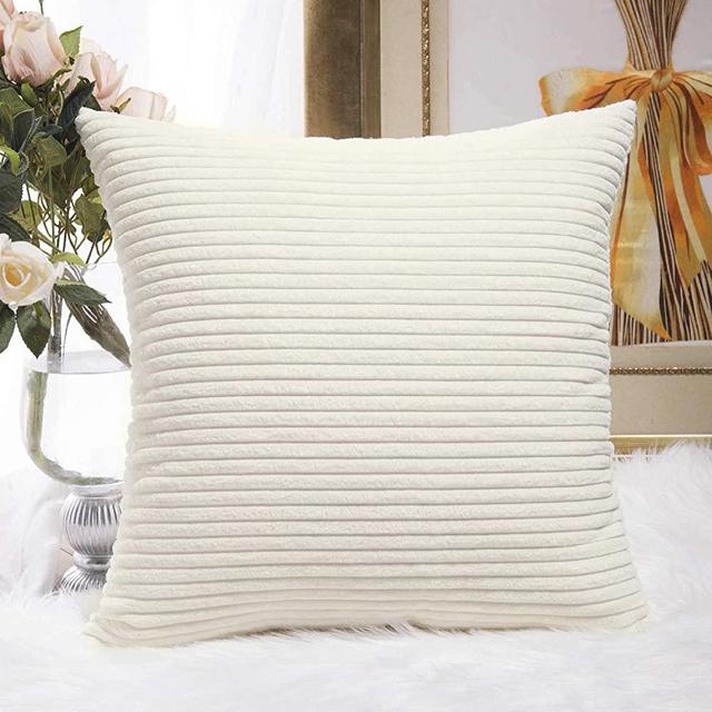 Home Brilliant Decor Striped Corduroy Velvet Cushion Cover for Baby Supersoft Handmade Decorative Pillowcase, Creamy White, 18x18 Inches(45cm)