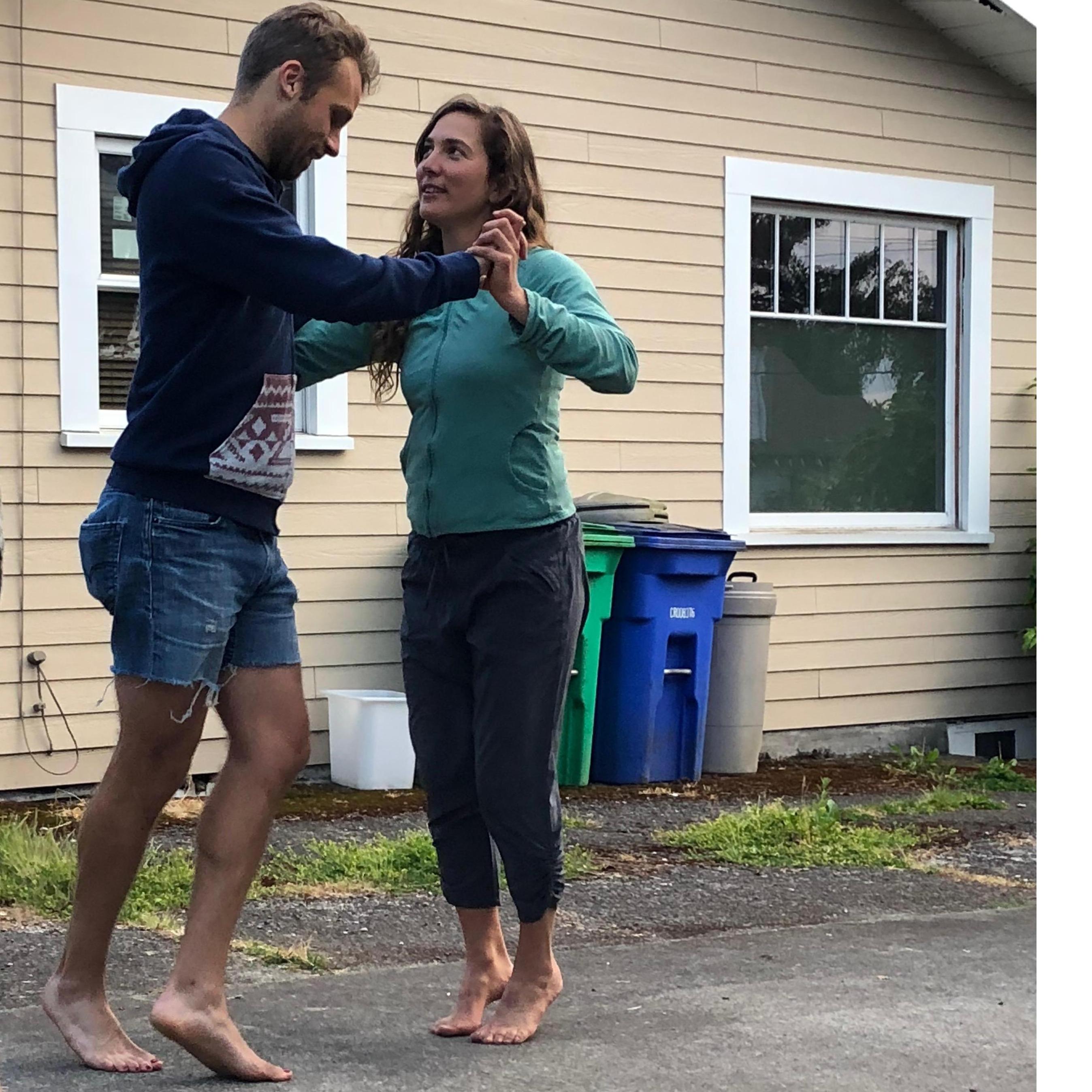 Two step'n. Paula teaching me how to dance at our friend Jesse's Graduation party. (2018)
