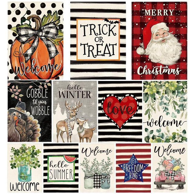 AVOIN colorlife Set of 12 Seasonal Holiday Garden Flag 12x18 Inch Double Sided Outside, Welcome Farmhouse Yard Outdoor Flag