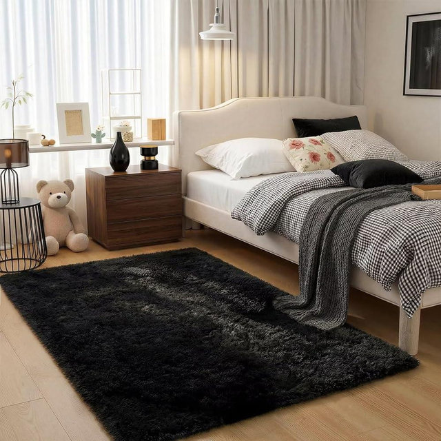 junovo 3x5 Black Washable Area Rug for Boys Bedroom, Soft Non-Slip Fluffy Bedside Rugs, Shag Plush Memory Foam Carpet for Kids Room Baby Nursery Home Decor Aesthetic
