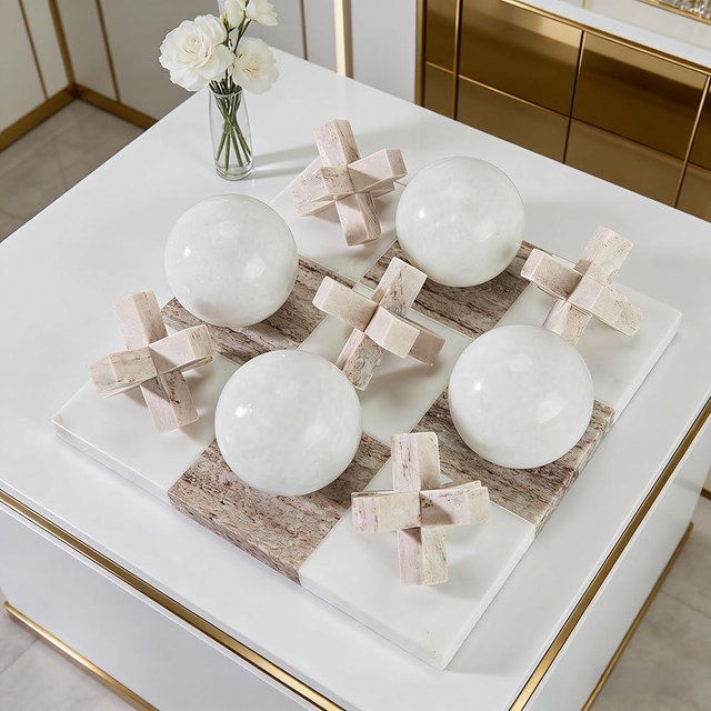 Marble Tic Tac Toe Game Set - Natural Organic Stone Board with White and Brown XO Pieces, Luxury Decorative X and O Family Game for Modern Coffee Table, Living Room, Home Office Tabletop Décor