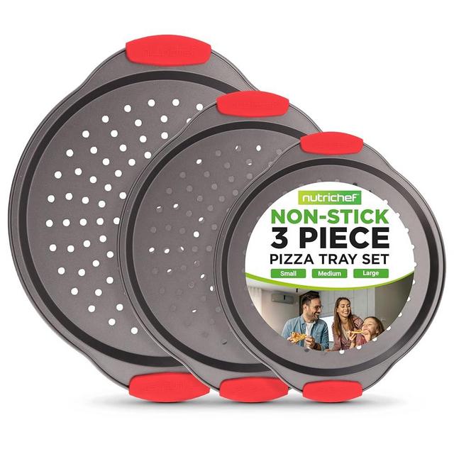 NutriChef 3-Piece Pizza Tray Set with Silicone Handles - Round Nonstick Pizza Pan with Perforated Holes, Durable Carbon Steel, Small, Medium, Large Sizes - Ideal for Crispy, Evenly Baked Pizzas (Gray)