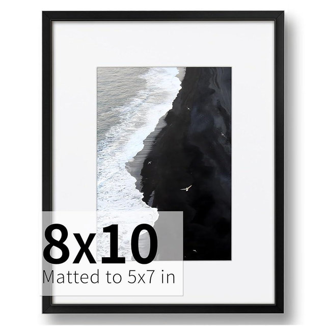 ZLG Black 8x10 Frame, Premium Metal Frame Matted to 5x7, 8x10 Picture Frame, High Definition Plexiglass, Wall Hook Included, Set of 1
