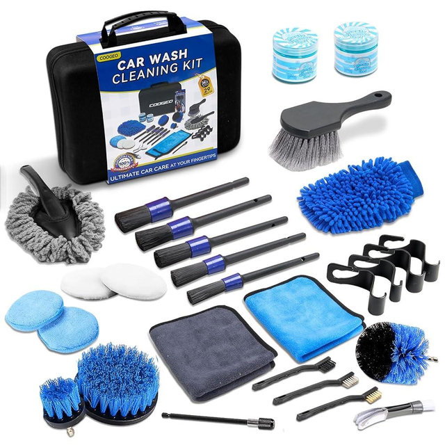 29Pcs Car Detailing Kit,Compelete Car Cleaning Kits Interior Cleaner With Detailing Brushes,Drill Brush Heads,Car Wash Kit with Cleaning Gel,Wash Mitt,Car Hooks,Car Care Gift for Men, Black