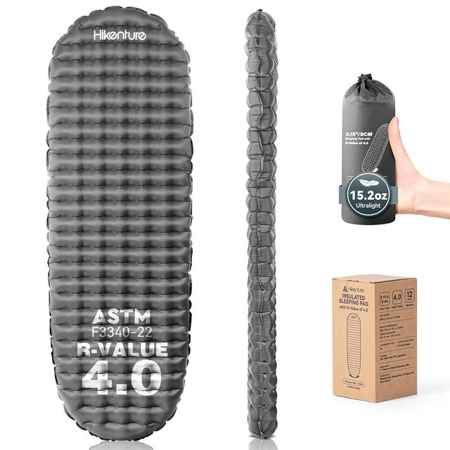 Hikenture 4.0 R-Value Backpacking Sleeping Pad, Ultralight 15oz Camping Mattress Pad, Insulated & Inflatable Camp Sleeping Mat (Grey, Single)