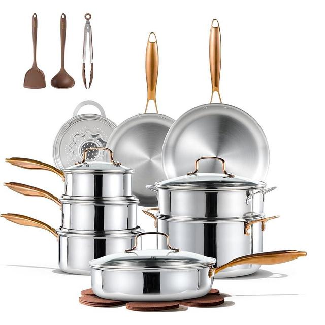 CAROTE 23pcs Tri-Ply Stainless Steel Cookware Set, Pots and Pans Set, Non Stick Induction Kitchen Cooking Sets, Nonstick Cookware Collection, Mirror Polish, Silver
