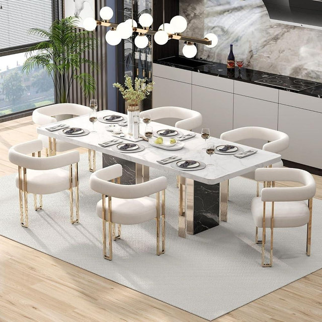 Hyfirm Set of 6 Beige Velvet Dining Room Chairs, Glam Barrel Chairs with Arms, Modern Side Chairs with Gold Chrome Legs, Kitchen Chair for Dining Rooms, Living Rooms, Beige
