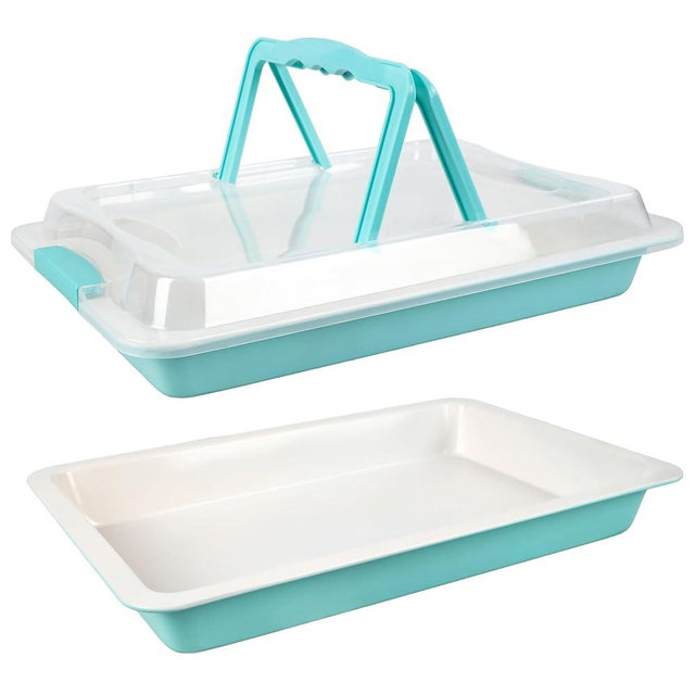 Spmarkt Sheet Cake Pan with Lid Set of 2, 15"×10"×2" Deep Jelly Roll Pan, Non-Stick Ceramic Coating Baking Pan, Oven Safe 450°F, PFOA Free, Teal — Bake, Snap & Carry for Parties & Potlucks