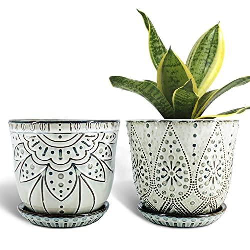 Gepege 6 Inch Beaded Ceramic Planter Set of 2 with Drainage Hole and Saucer for Plants, Indoor-Outdoor Large Round Succulent Orchid Pot (Smoked White)