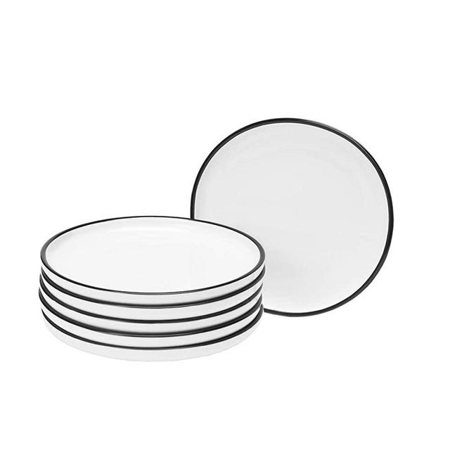 BonNoces 6-inch Porcelain Appetizer Plate Small, White with Black Edges Dinner Serving Plate, Side Dishes, Dessert, Salad, Snacks Plate, Set of 6