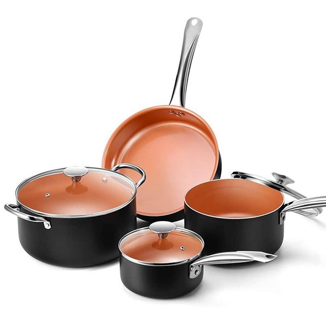 Copper Nonstick Cookware Set - Pans and Pots, All Stove Tops Compatible, Oven-Safe, Multi-Ply, Ceramic Coating, PTFE-free, PFOA-free, Stainless Steel Handle, for Stew Boil Fry and Saute, 7 Piece