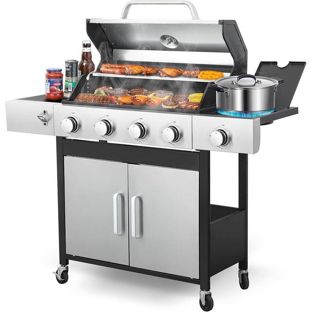 GRILL DEPOTS 4-Burner BBQ Propane Stove with Side Table, 46,000 BTU Gas Grill Outdoor, Porcelain-Enameled Cast Grill for Patio Garden Camping Cooking Barbecue