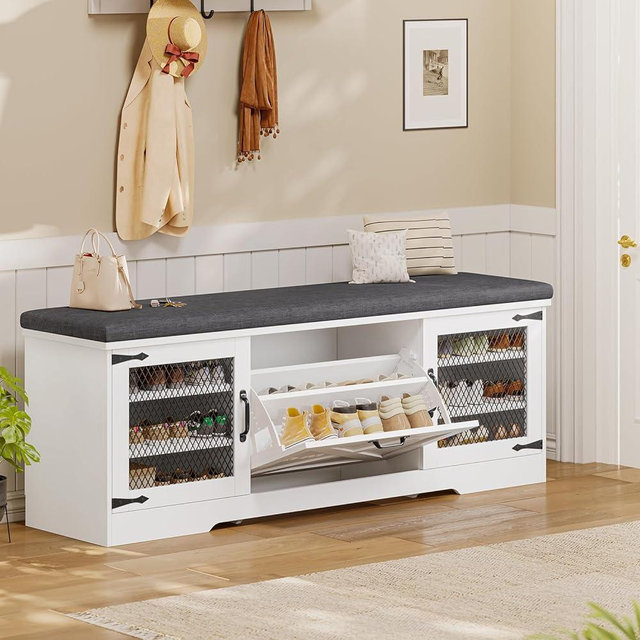 UPOSOJA Farmhouse Storage Bench with Flip Drawers & Padded Seat Cushion, Half Hidden Shoe Rack Organizer, Adjustable Shelf Shoe Cabinet for Large Family, Entryway, Bedroom, Living Room (White, 57IN)