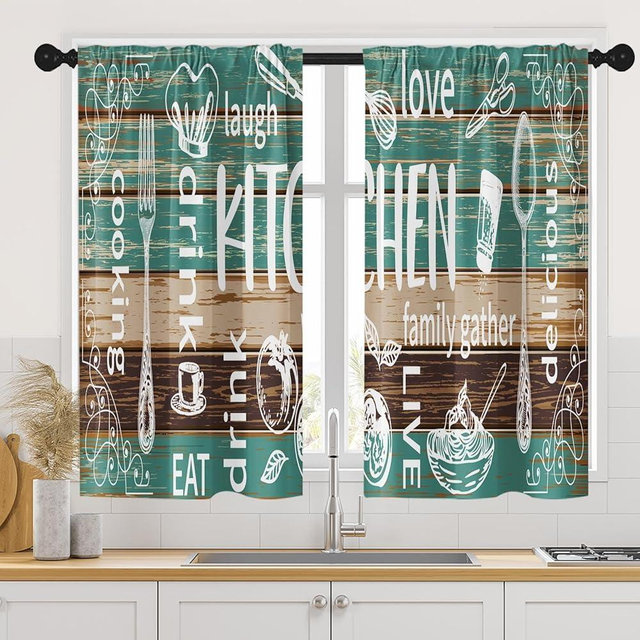 Arttown Farmhouse Kitchen Curtains 45 Inch Length Brown Teal Wooden Window Short Tier Curtains Over Sink Set of 2, White Doodle Rustic Vintage Small Kitchen Decor 42x45 Inch