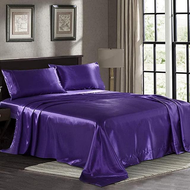 Satin Sheets California King [4-Piece, Purple] Luxury Silky Bed Sheets - Extra Soft 1800 Microfiber Sheet Set, Wrinkle, Fade, Stain Resistant - Deep Pocket Fitted Sheet, Flat Sheet, Pillow Cases