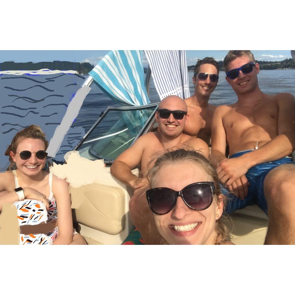 Summer of 2020 was spent on the water with friends! Bridesmaid, Bryn, on the left, Best Man, Derek, behind Nick, and Groomsman, John, on the right! August 2020