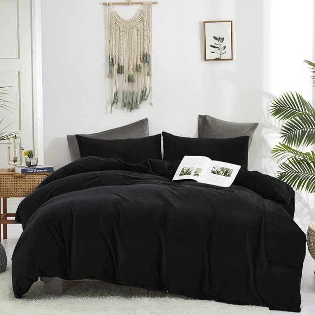 CLOTHKNOW Black Fluffy California King Comforter Set Black Velvet Comforter Black Bedding Comforter Sets Cal King Flannel Bed Comforter Soft Cozy Black Comforter California King Comforter