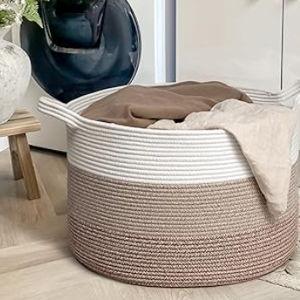 Goodpick Large Laundry Basket, Woven Rope Storage Basket for Blanket, Toy Bin for Baby Room, Nursery, Bedroom, Toys, 21.7'' x 13.8'', Light & Brown