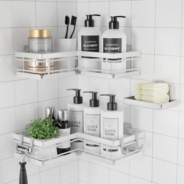 Sakugi Shower Caddy - 3 Piece Set, Corner Shower Shelves with Hooks & Soap Holder, Stainless Steel Shower Caddy for Corner, No Drilling Shower Shelf for Inside Shower, Shower Organizer, White