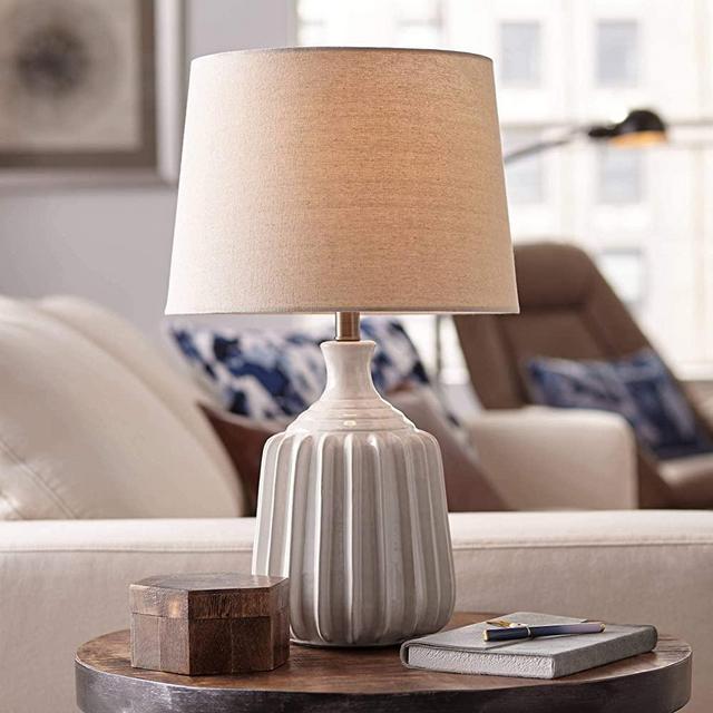 Logan Mid Century Modern Accent Table Lamp Ribbed Ceramic Glossy White Oatmeal Linen Drum Shade for Living Room Bedroom Bedside Nightstand Office - 360 Lighting