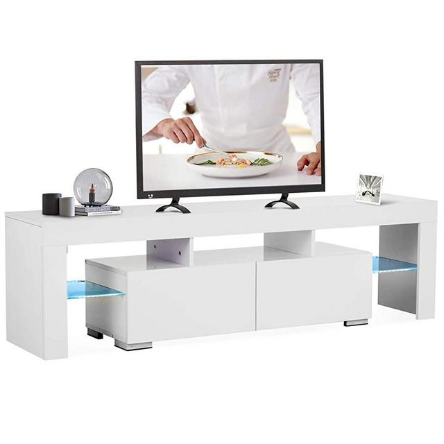 Mecor White TV Stand, Modern LED TV Stand w/12 Colors&Remote Control Lights,High Gloss TV Cabinet w/Storage&2 Drawers，65 Inch Entertainment Center for Living Room