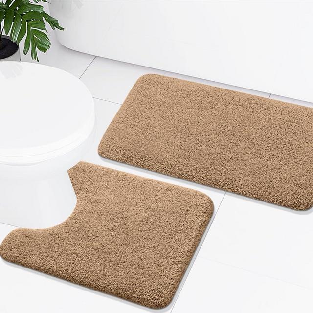 Buganda Microfiber Bathroom Rugs Set 2 Pieces - Shaggy Soft Bath Mat & U-Shaped Toilet Rug, Non-Slip Machine Wash Absorbent Bathroom Rugs and Mats Sets for Bathroom(30"x20"+24"x20", Camel)