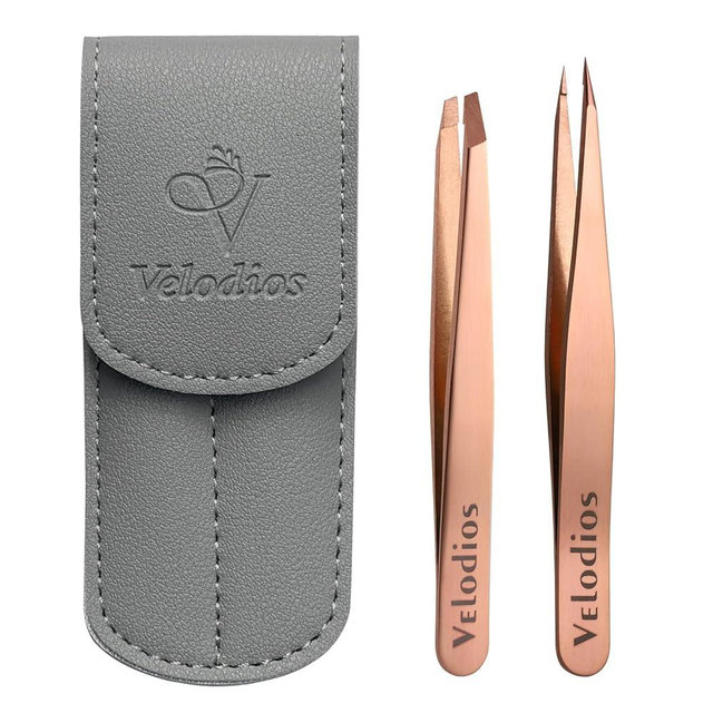 Velodios 2-Pack Precision Tweezers for Eyebrows, Facial Hair, Ingrown Hair Removal, Professional Stainless Steel Eyebrow Tweezers for Women and Men, Tweezer Set with PU Travel Case