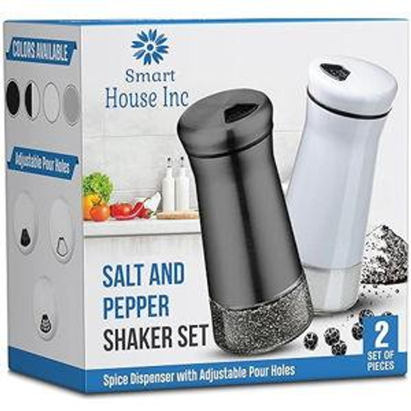 The Original Salt and Pepper Shakers set - Black & White - Spice Dispenser with Adjustable Pour Holes - Stainless Steel & Glass - Set of 2 Bottles