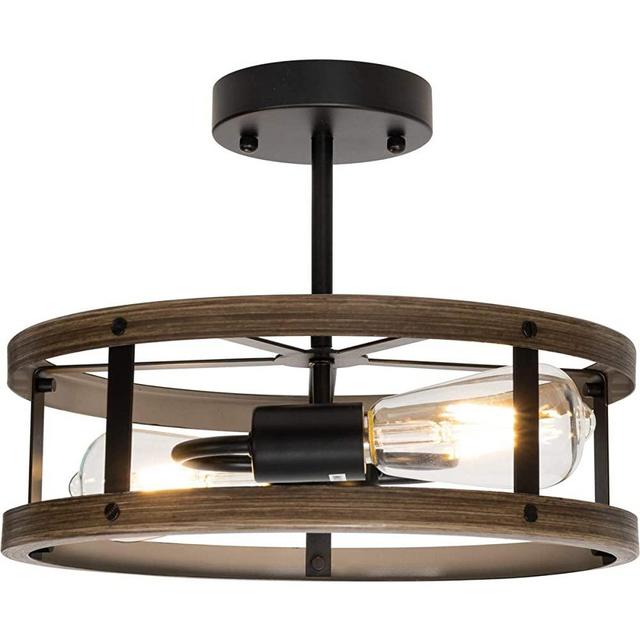 Farmhouse Semi Flush Mount Ceiling Light Fixture, 2-Light Industrial Metal Cage Chandelier, Wood and Matte Black Finish
