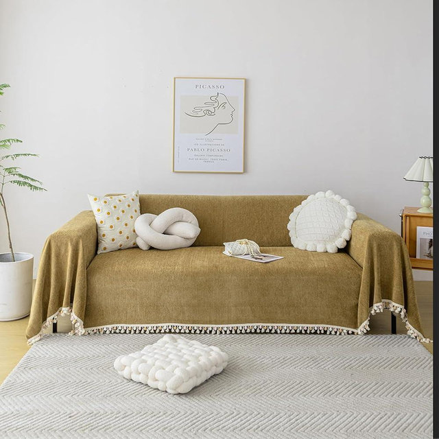 HANDONTIME Couch Covers for Pets Boho Mustard Yellow Love Seat Couch Covers Brown Sofa Cover for Dogs Pet Couch Protector Chenille Tassel Sofa Slipcovers Sofa Throw Cover Boho Decor for Living Room