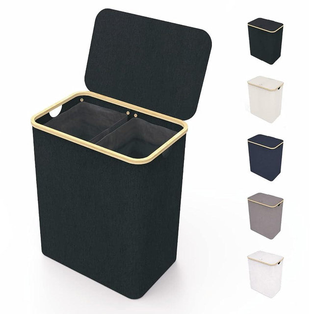 Lonbet - Laundry Baskets with Lid - XXL 100 Litres - Large Washing Baskets for Laundry with Handles - Laundry Baskets for Bedrooms - Bamboo Bathroom Bin (Black, Double)