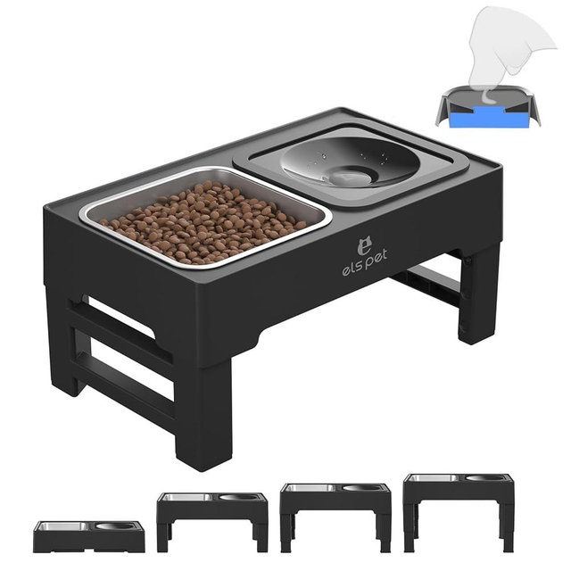 ELS PET Elevated Dog Bowls, Adjustable Raised Dog Bowls with No Spill Dog Water Bowl and Stainless Steel/Slow Feeder Dog Bowl, Dog Bowl Stand for Small Medium Large Dogs,Cats & Pets (Stainless Steel)