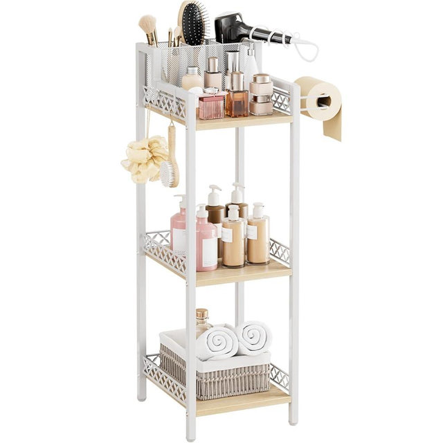 FURFUN Slim Bathroom Storage Shelf Unit, 3 Tier Corner Storage, Rustic Makeup Organizer, Space-Saving Floor Standing Storage Shelves for Bathroom, Vanity,Kitchen, Laundry 9.85im Matte White