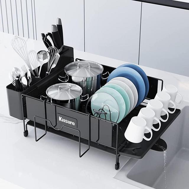 Kitsure Dish Drying Rack Large - Stainless Steel Dish Rack for Kitchen Counter, Dish Drainer with Drainboard Connected to The Sink, Dish Holder for Cups, Cutlery & Cutting Board, Black