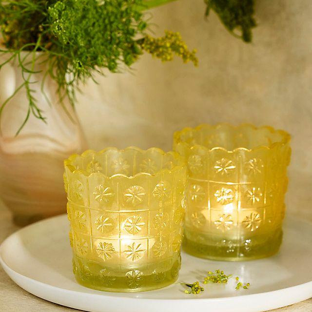 Etched Daisy Glass Votives, Set of 2