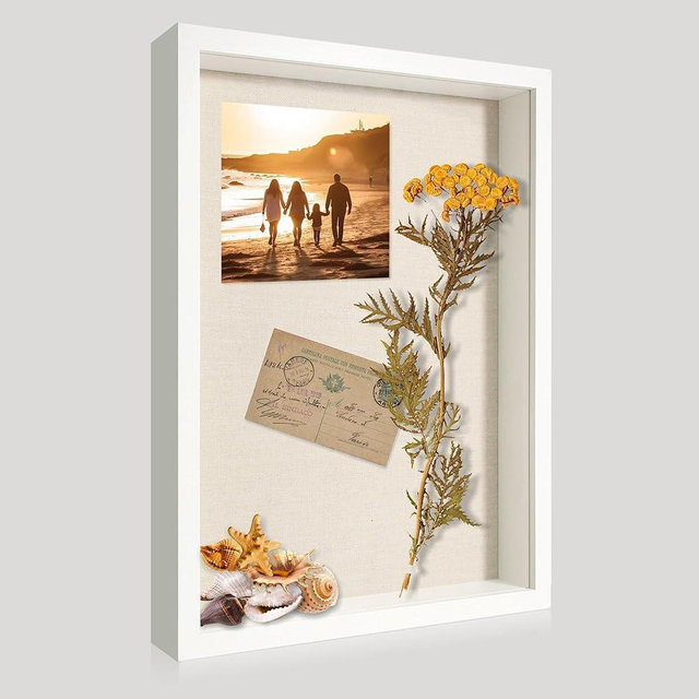 CCDCC 12x16 Large Shadow Box Picture Frame Display Case with Soft Linen Back, White Wooden Memory Shadow Box Frame with Tempered Glass Cover for Wall Display