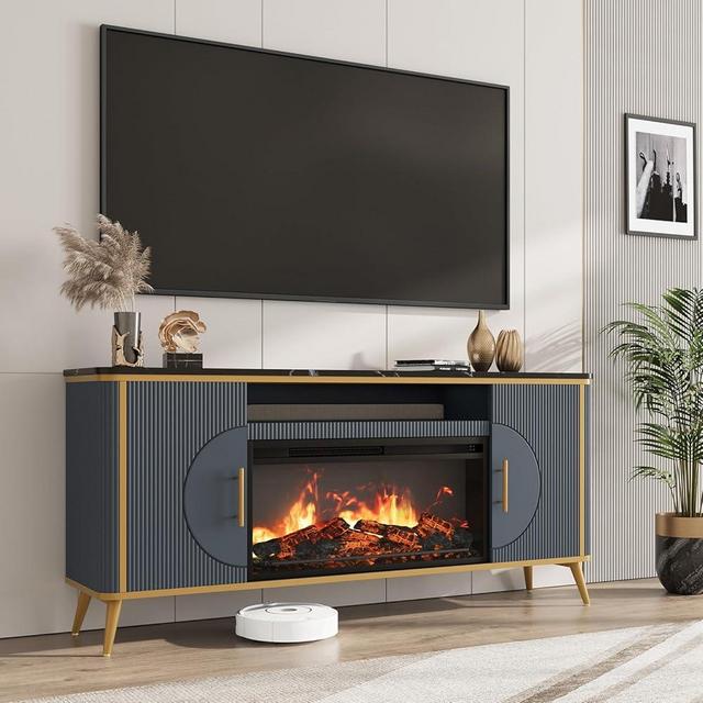 Fluted Fireplace TV Stand Up to 80" TVs, Modern Entertainment Center with 30" Electric Fireplace, Luxury Media Console with Adjustable Shelves for Living Room, Navy Blue