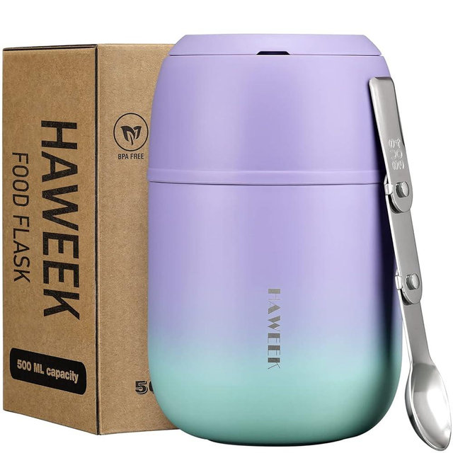 HAWEEK Insulated Soup Thermo 17oz - Stainless Steel Vacuum Lunch Box for Adults, Kids Leakproof Hot Food Container with Handle Folding Spoon (School Office Outdoor)