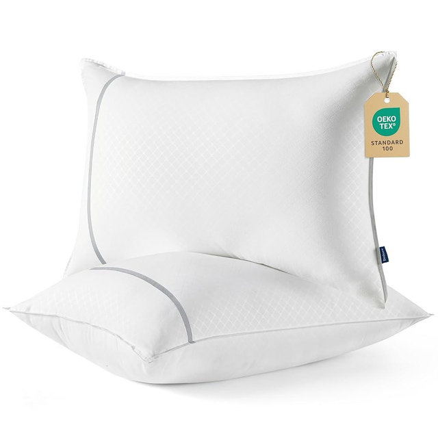 Bedsure Hotel Pillows King Size, Set of 2 - Luxury Bed Pillows for Sleeping, Decoration Strip Diamond Design Cover, Fluffy Original Down Alternative Filling for Side, Back or Stomach Sleepers
