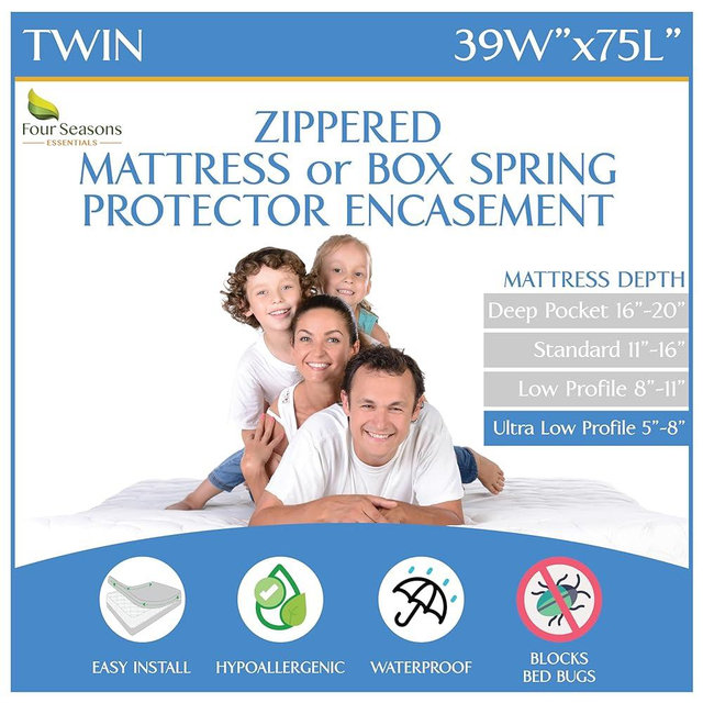 Twin Size Mattress or Box Spring Encasement (5" to 8" Depth) - Waterproof Zippered Protector Hypoallergenic Premium Bed Cover Protects from Dust Allergens
