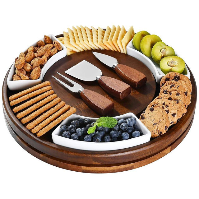 Shanik Lazy Susan Table Top Cheeseboard- Acacia Wood Rotating Serving Platter for Cheese, Charcuterie, and Appetizers, Elegant Serving Tray for Snacks, Entertaining, Parties and Family Gatherings
