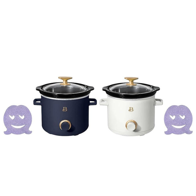 Beautiful 2 Pack Slow Cooker Crock Set- 2 Quart, with 2-Pack Scrub, White Icing and Starry Blue, Bundle