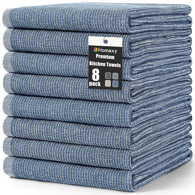 Homaxy Premium Kitchen Towels(18”x 28”, 8 Pack), Large Cotton Kitchen Hand Towels, Flat and Terry Dish Towels, 380 GSM Highly Absorbent Tea Towel Set with Hanging Loop, Navy Blue