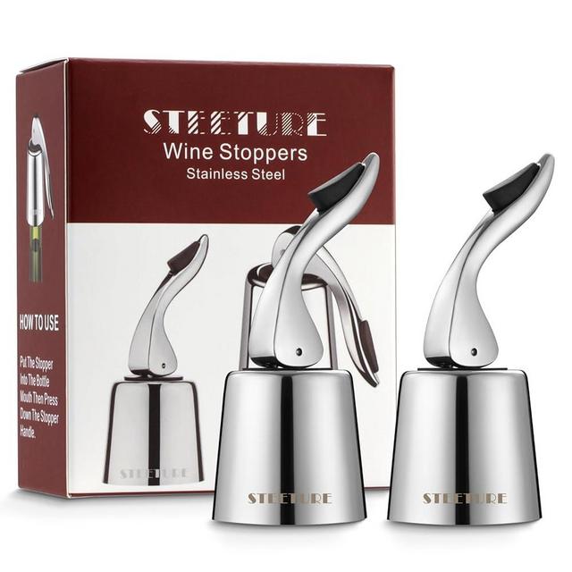 STEETURE Wine Stoppers for Wine Bottles Pack of 2, Stainless Steel Wine Corks with Silicone Plug, Leak-Proof W stopper Reusable for Beverage, Alcohol Bottle Sealer Keeps Fresh(Silver)